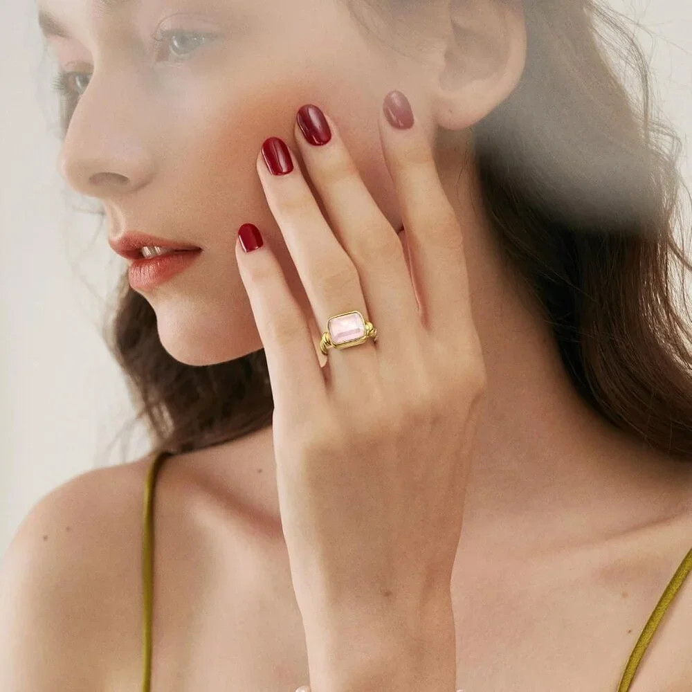 Women's 14K Gold Plated Statement Rings Emerald Cut Teal Turquoise/Rose Quartz C - Picture 4 of 6